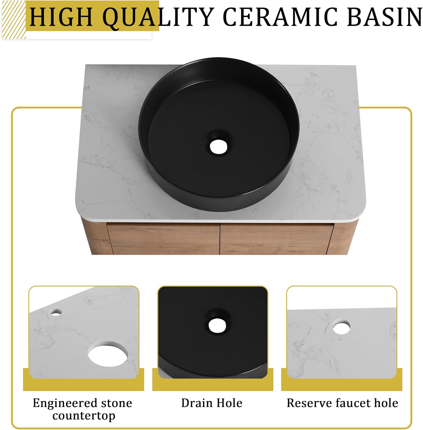 42 Inch Wall-Mounted Bathroom Vanity with Sink Combo Modern Floating Bathroom Vanitites with Round Ceramic Vessel Sink 42' Bathroom Sink Cabinet with Marble Counter Top & 1 Side Storage Shelf