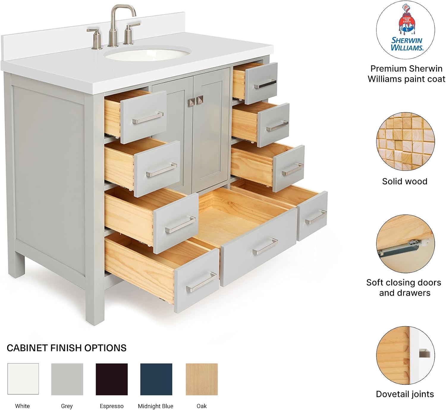DKB Beckford 42-Inch Gray Bathroom Vanity with Sink, 1.5-Inch Pure White Quartz Countertop & Sidesplash, Oval Undermount Sink, 2 Soft Closing Doors, 9 Full Extension Dovetail Drawers, Satin Nickel