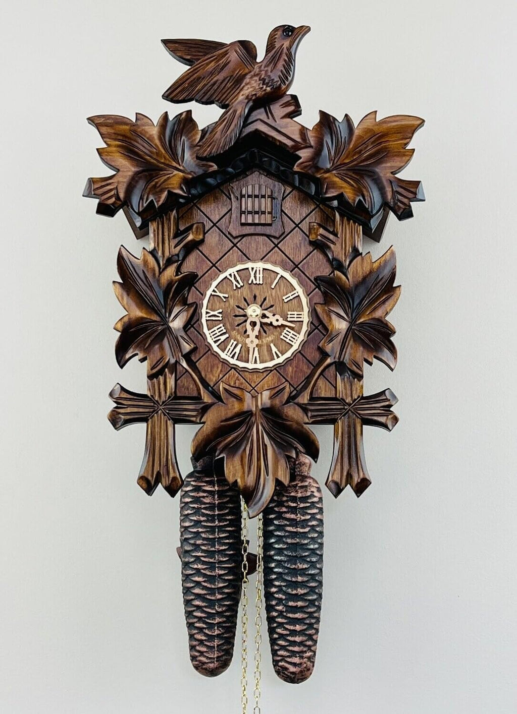 Traditional German Cuckoo Clock with Five Hand-Carved Maple Leaves and One Bird, 14-Inch Tall