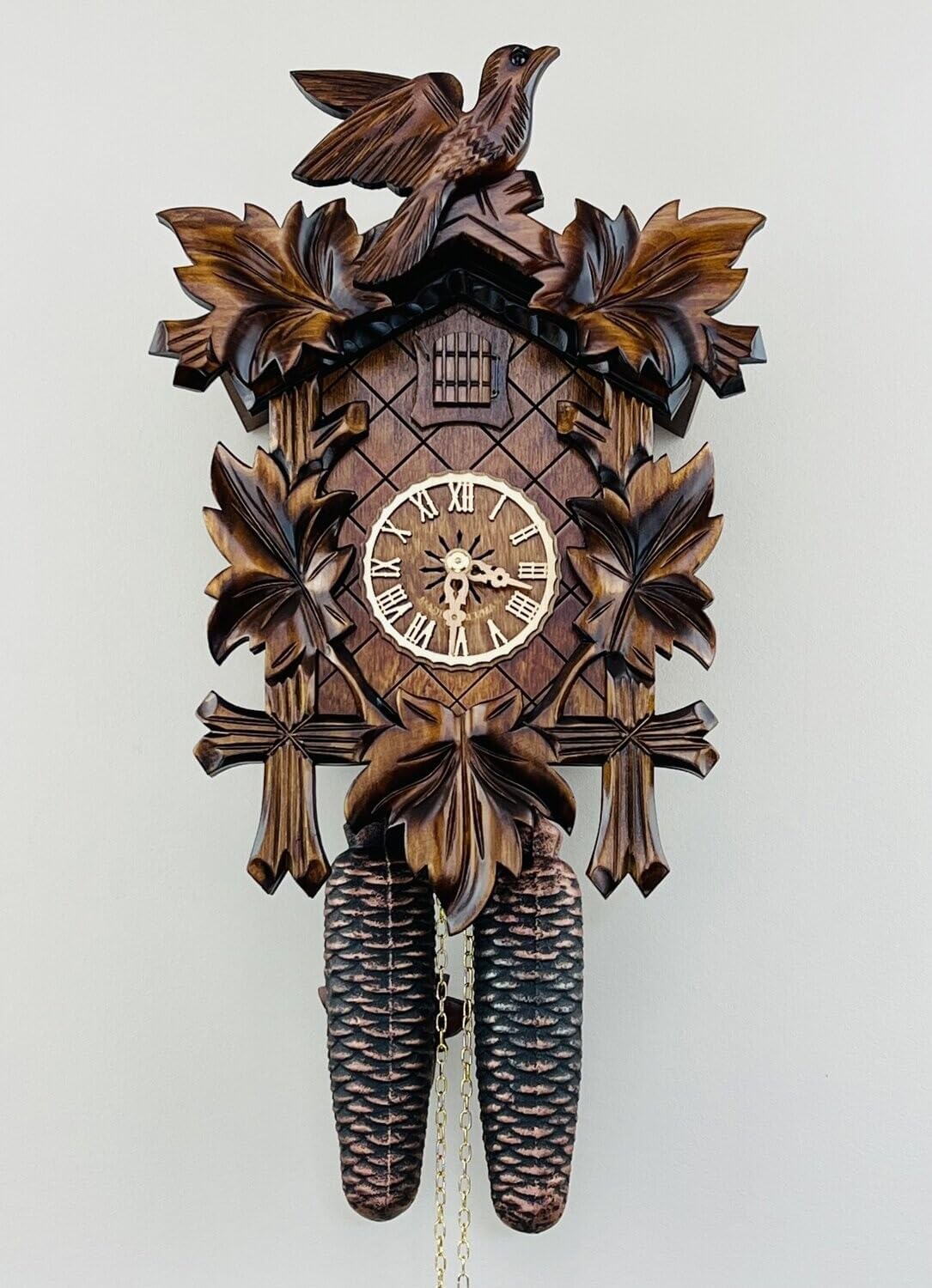 Traditional German Cuckoo Clock with Five Hand-Carved Maple Leaves and One Bird, 14-Inch Tall