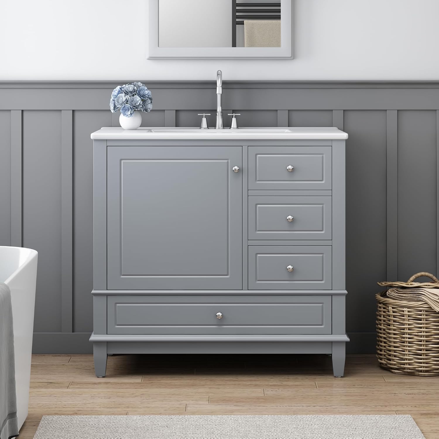 36 Inch Bathroom Vanity with Sink Set, Undermount Vanity Sink Cabinet with 3 Drawers and Door Storage, Soft Closing Door, Wood Frame, Gray