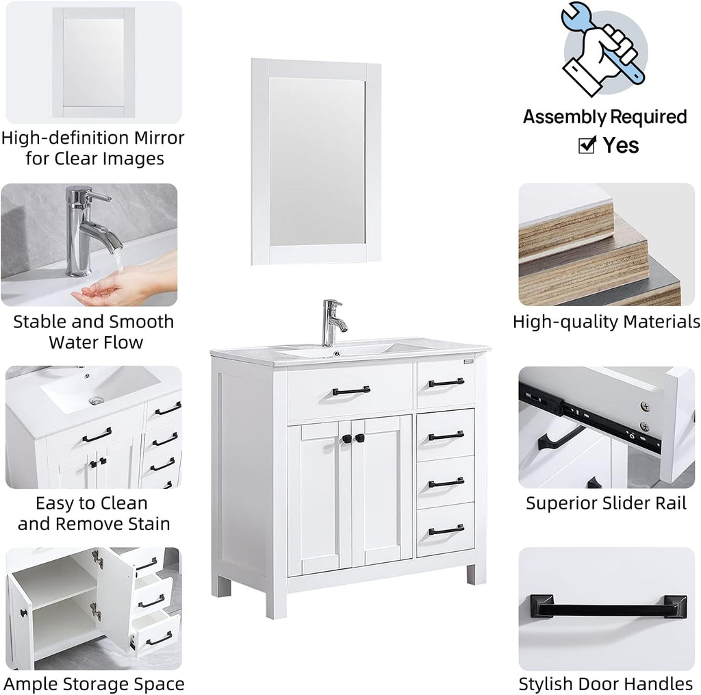 36 inch Bathroom Vanity with Sink and Countertop Faucet Modern White | Freestanding bathroom vanity cabinet, ceramic single sink combo