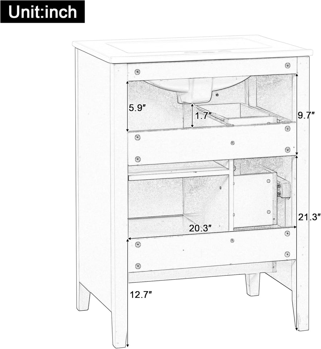 Harper & Bright Designs 24' Bathroom Vanity with Sink, Free Standing Vanity Set with 2 Drawers, Removable Dividers, and Adjustable Shelf, Wood Bathroom Cabinet with Ceramic Basin for Bathroom, White