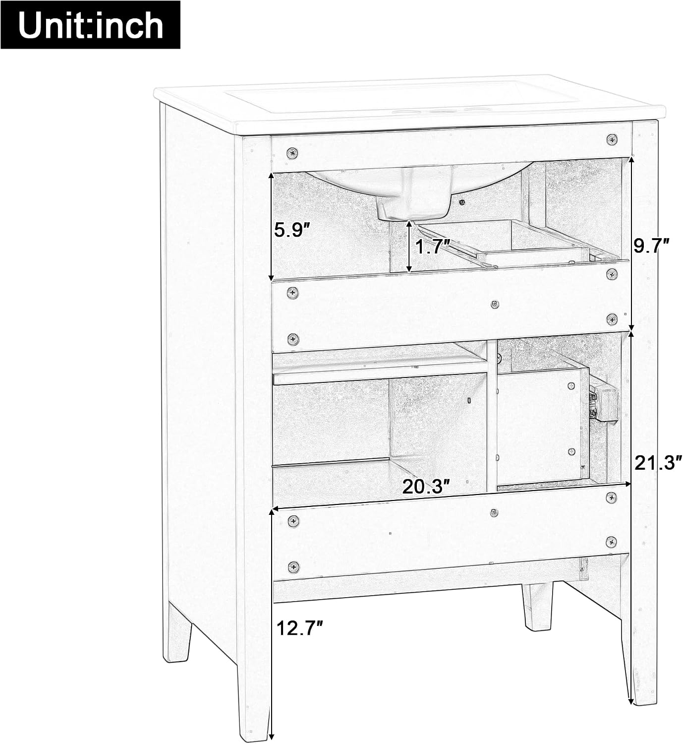 24' Bathroom Vanities with Undermount Ceramic Sink, Multi-Functional Storage Cabinet with Three Drawers and Adjustable Shelf, Soft-Closing Door, Solid Wood Legs, White