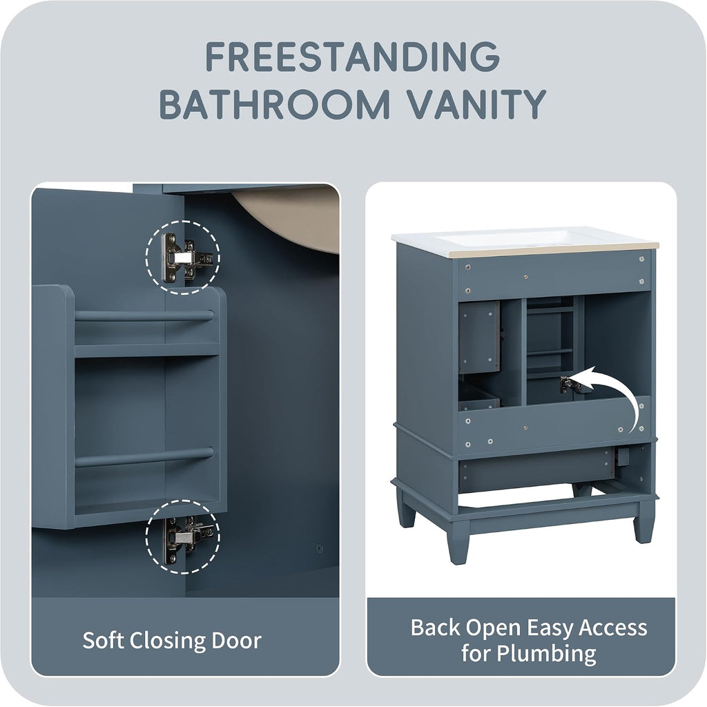 24' Modern Freestanding Bathroom Vanity with Ceramic Sink Top, 3 Drawers & Storage Shelves - MDF & Solid Wood Base, Left Blue