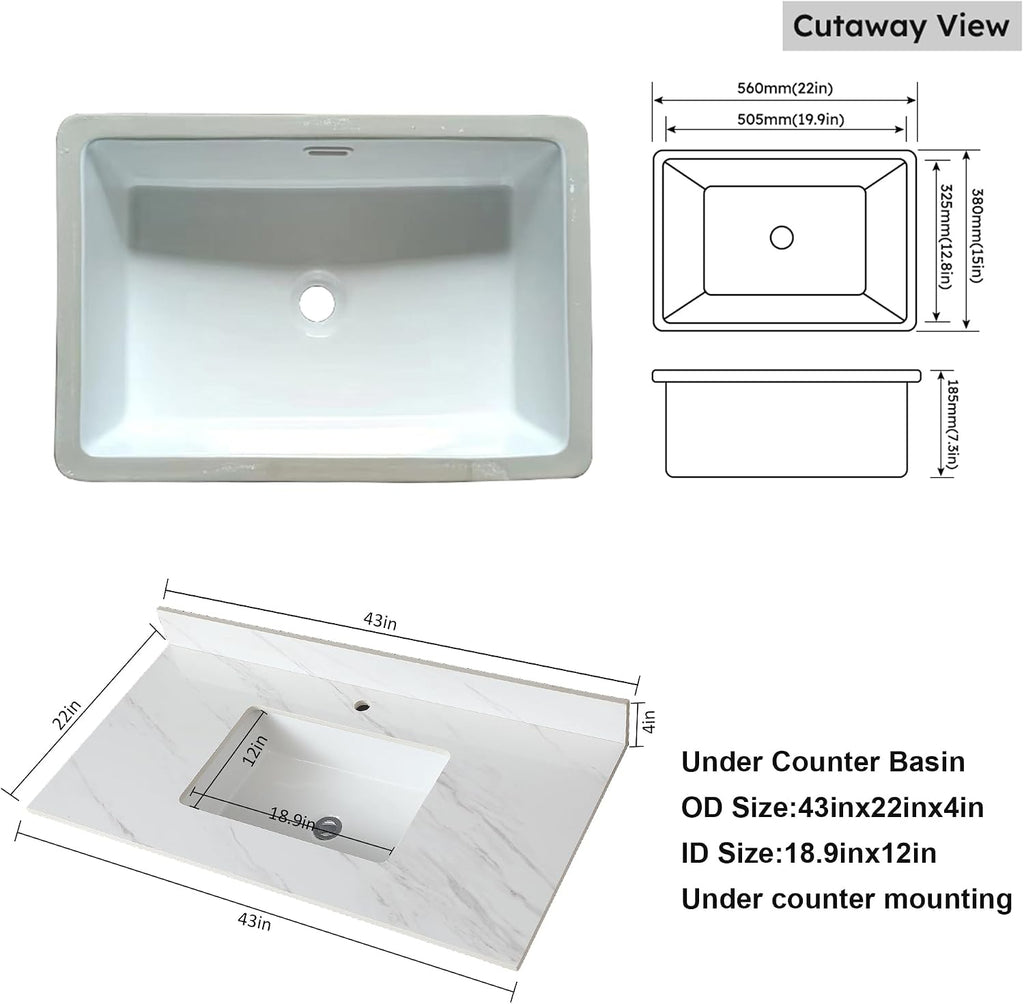 43 Inch Marble Vanity Top with Sink, Sintered Stone Vanity Sink Top with Undermount Ceramic Sink & Backsplash, Single Hole Countertops for Bathroom (Elegant White)