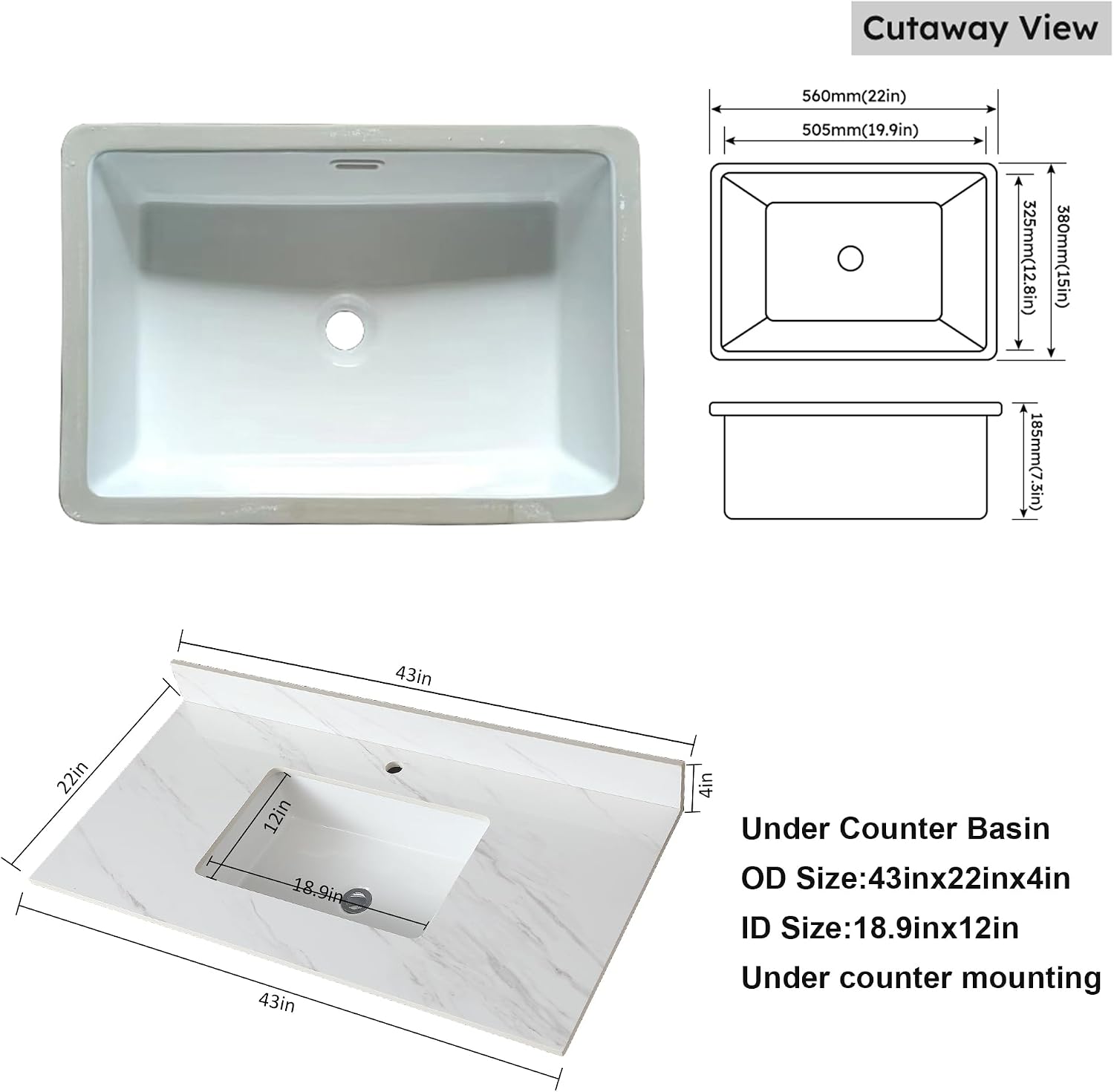 43 Inch Marble Vanity Top with Sink, Sintered Stone Vanity Sink Top with Undermount Ceramic Sink & Backsplash, Single Hole Countertops for Bathroom (Elegant White)