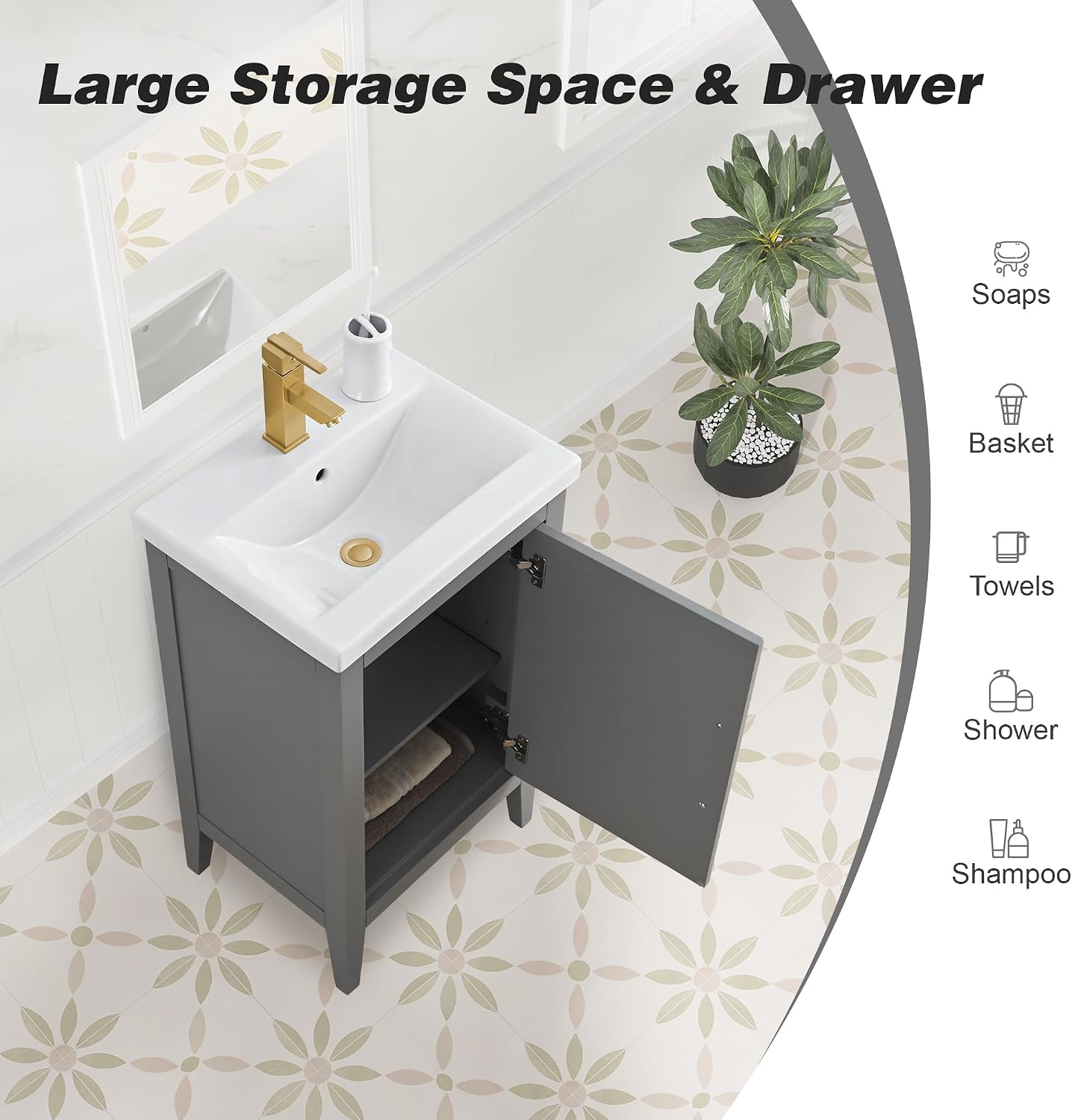 HOMEBEYOND 20 Inch Bathroom Vanities with Sink & Ceramic Top, Single Vanity Cabinet with Basin, Solid Wood Frame, Soft-Closing Doors & Golden Brushed Hardware, Grey