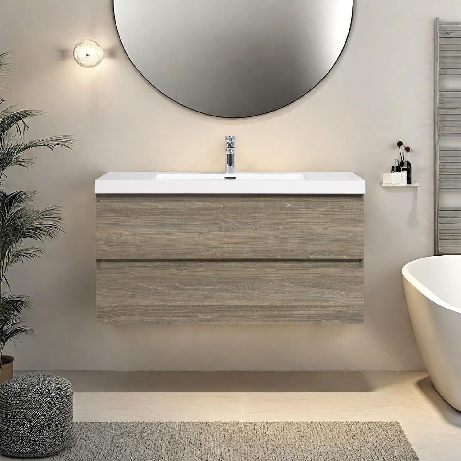 Floating Bathroom Vanity with Sink, Modern 42' Wall Mounted Vanity with Resin Top Basin and 2 U-Shaped Soft-Close Storage Drawers, Bathroom Storage Cabinet with Invisible Handle, Grey
