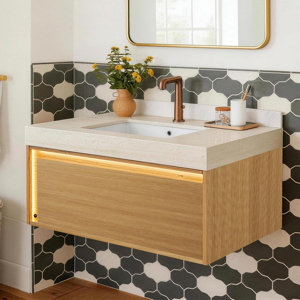Eleshine 36' Floating Bathroom Vanity with Single Sink, Fluted Cabinet, Sensor LED Light, Roma Travertine Countertop, Light Oak, Pre-Assembled