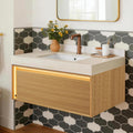 Eleshine 36' Floating Bathroom Vanity with Single Sink, Fluted Cabinet, Sensor LED Light, Roma Travertine Countertop, Light Oak, Pre-Assembled