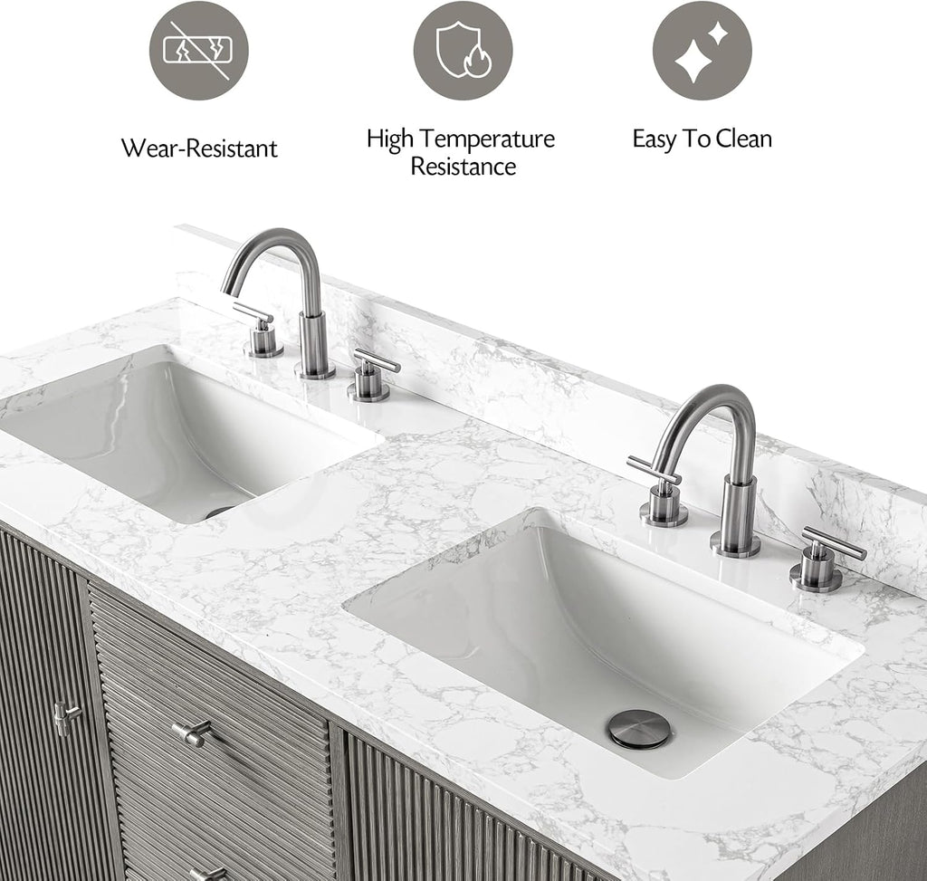 Vanity Art 54' Bathroom Vanity with Double Sink & Arabescato White Engineered Stone Top, Vanity Cabinet with Soft Closing Door, Solid Wood Frame, Brushed Nickel Handles, Driftwood Gray VA8154D-DG-BN