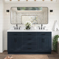 ARIEL Hepburn 66-inch Bathroom Vanity with Sink,Solid Wood, 1.5-inch Italian Carrara Marble Countertop, Double Rectangular Porcelain Sink, 4 Soft Closing Doors, 6 Dovetail Drawers, Midnight Blue