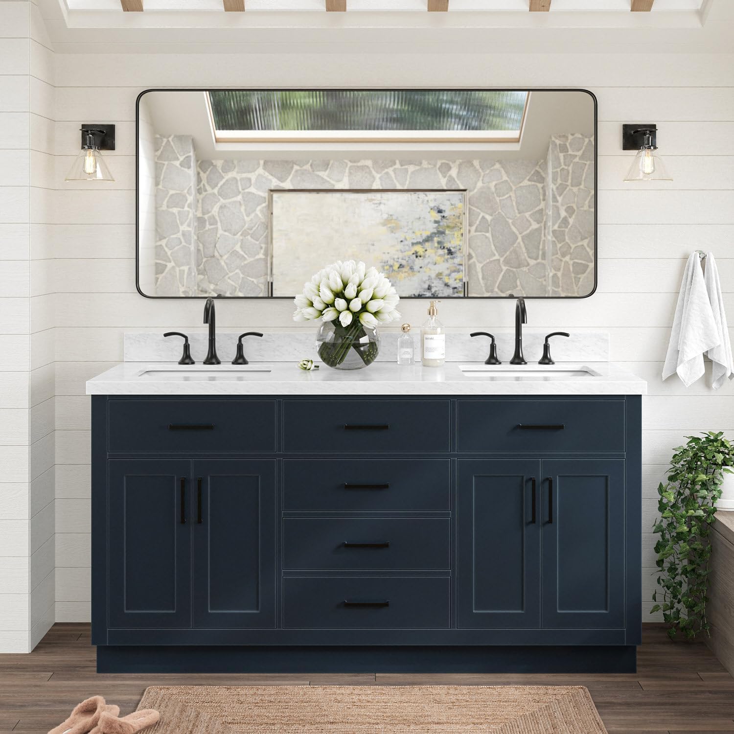 ARIEL Hepburn 66-inch Bathroom Vanity with Sink,Solid Wood, 1.5-inch Italian Carrara Marble Countertop, Double Rectangular Porcelain Sink, 4 Soft Closing Doors, 6 Dovetail Drawers, Midnight Blue