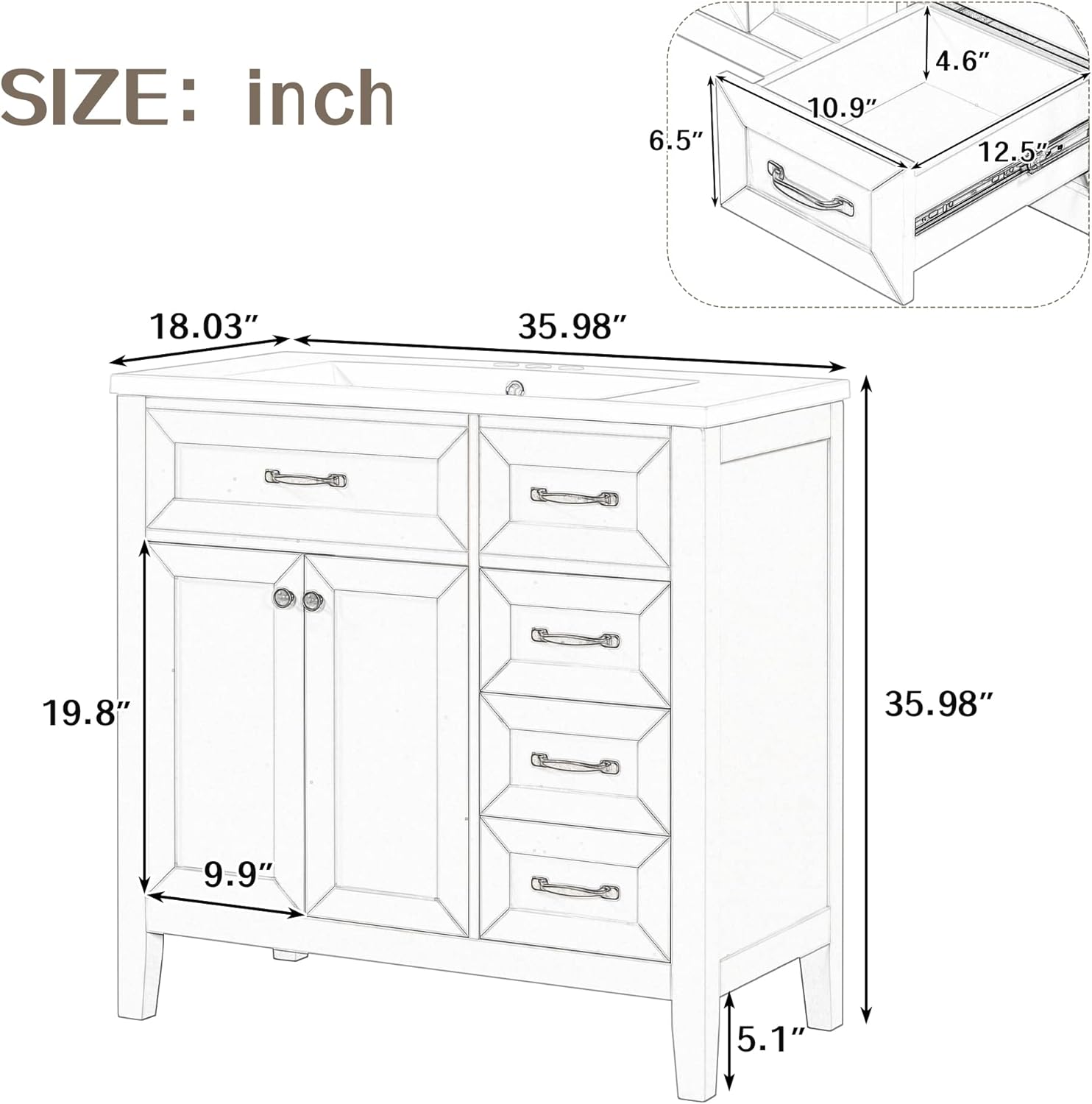 36' Bathroom Vanity with Sink Top, Freestanding Cabinet with Drawers, Soft Closing Doors, Solid Wood Frame & MDF Board