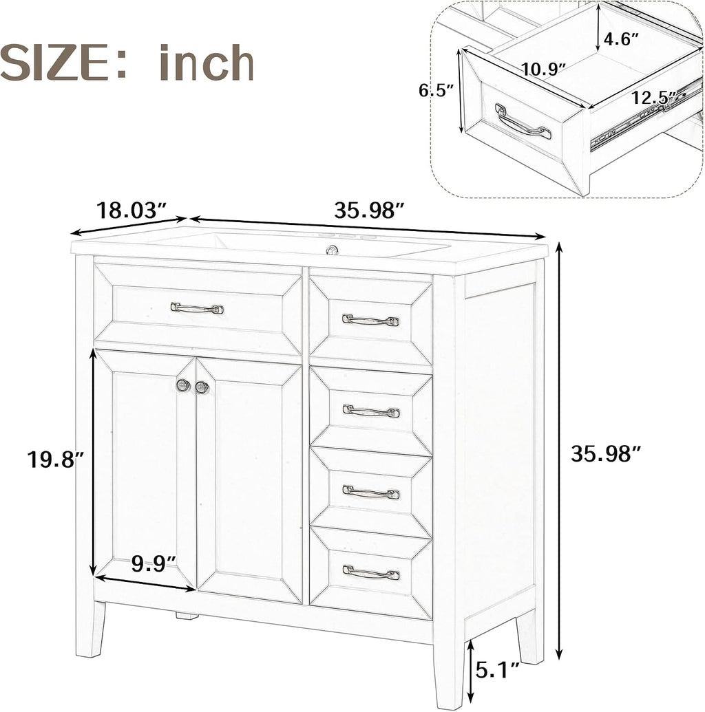 36' Vanity with Sink, Bathroom Vanity witn Sink Top, 36 Inch Single Sink Bathroom Vanty with3 Drawers and 2 Doors (White)