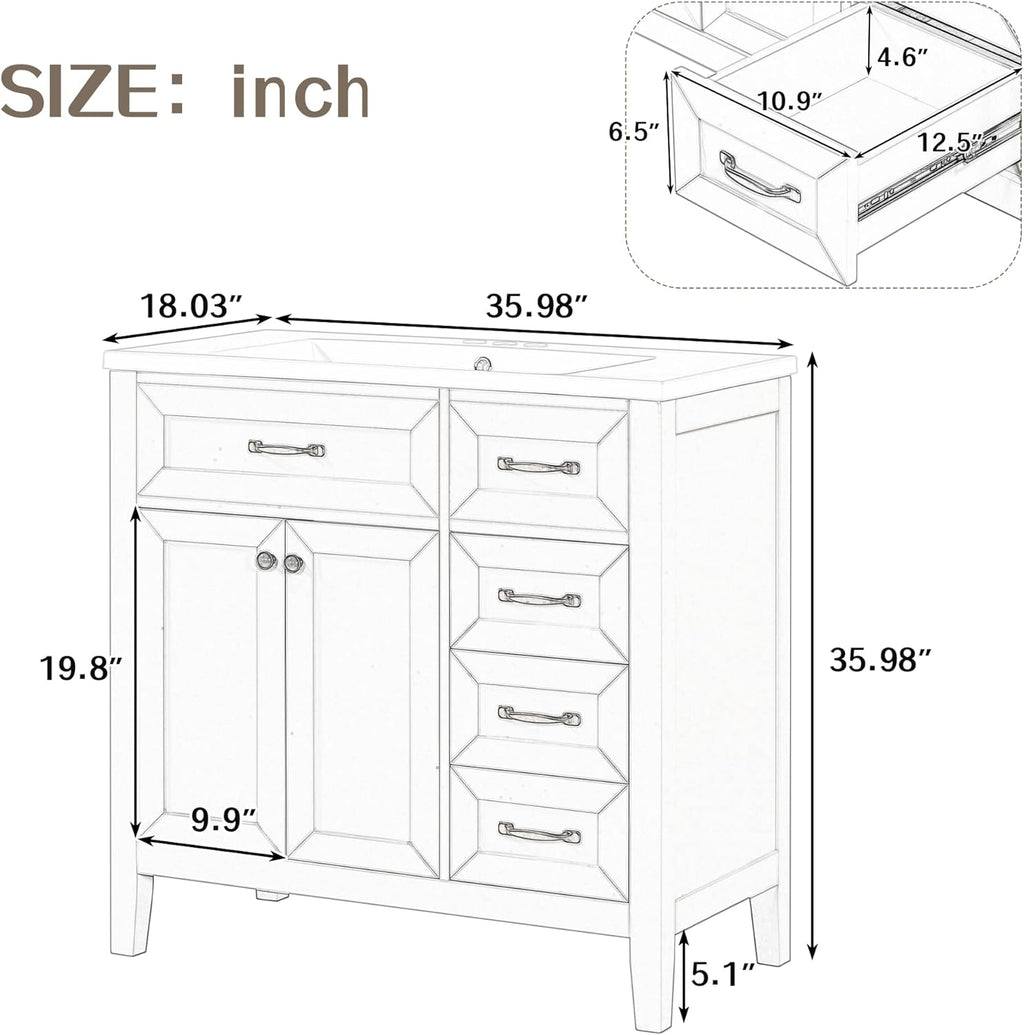 36' Bathroom Vanities with Sink Combo, Wood Modern White Bathroom Sink Cabinet with Soft Closing 3 Drawers and Doors, Freestanding Set