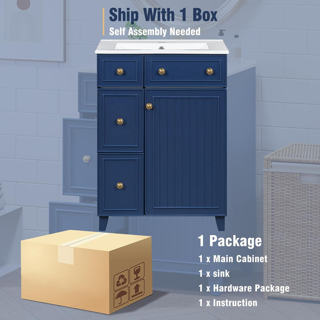 24-inch Bathroom Vanity with Sink Combo Set, Free-Standing Single Storage Cabinet with 2 Drawers and Single Door, Vanity with Ceramic Basin for Bathroom (Blue)