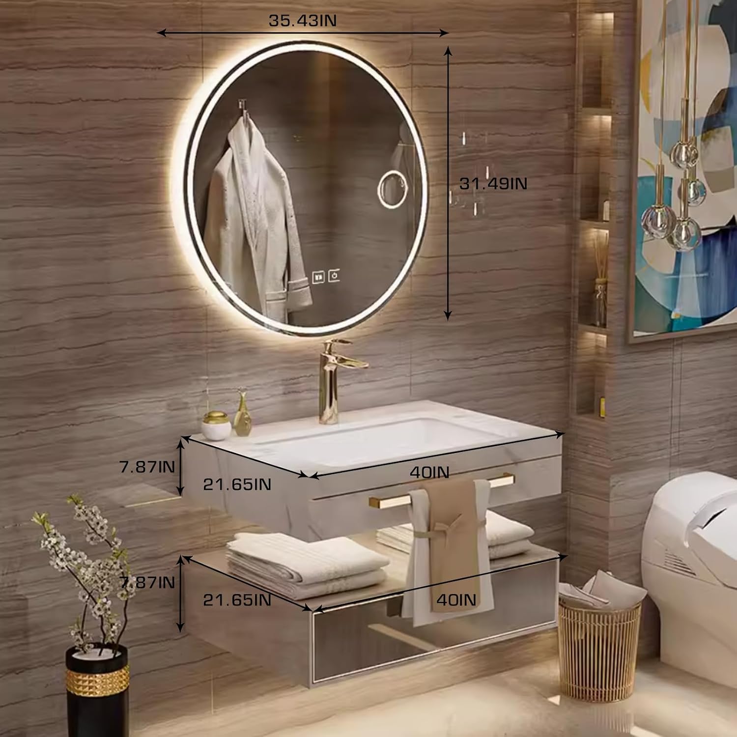 40 Inch Luxury Bathroom Vanity, Floating Bathroom Vanity with Sink and LED Round Smart Defogger Mirror, Multilayer solid wood Spacious Storage Drawer Include Faucet and Drain Fittings,Single Sink
