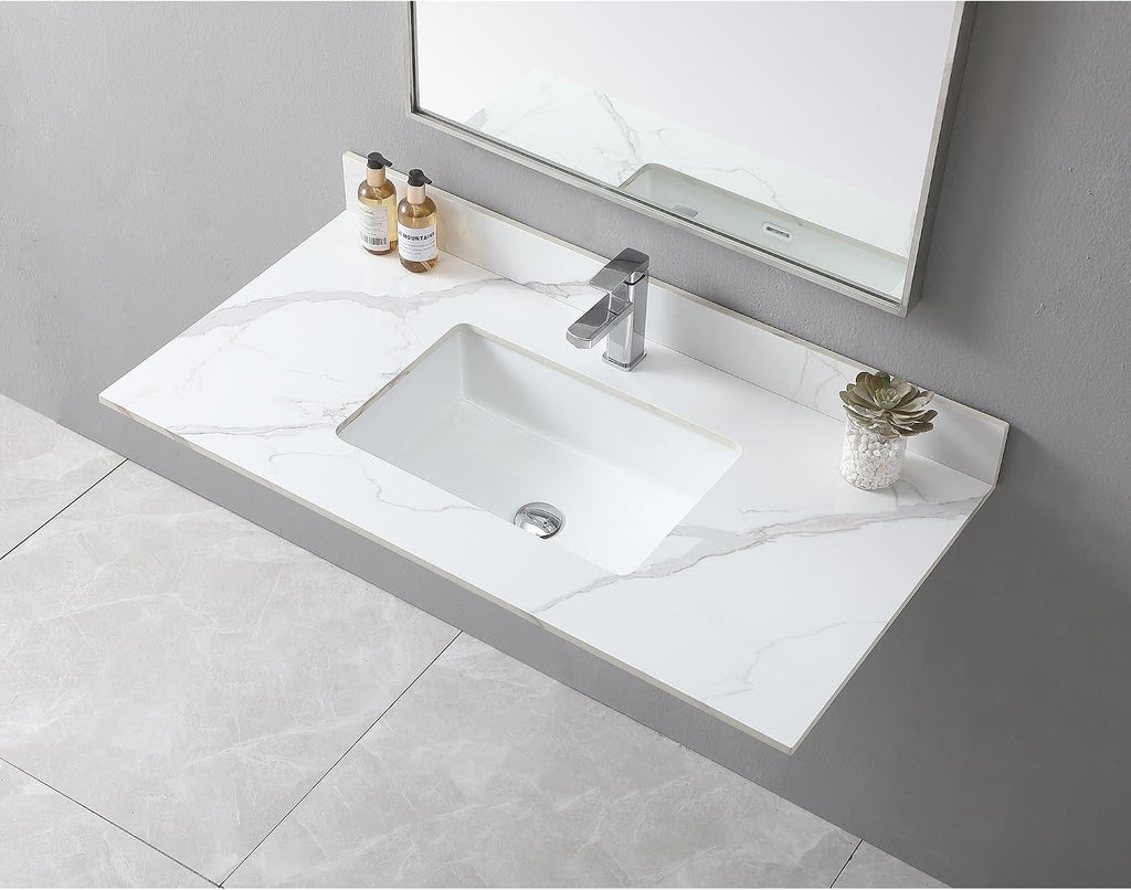 Wohh Marble Vanity Top, Bathroom Sink Countertop with Single Hole, Vanity Tops with Undermount Rectangular Ceramic Sink & Backsplash (43'' with 1 Faucet Hole)