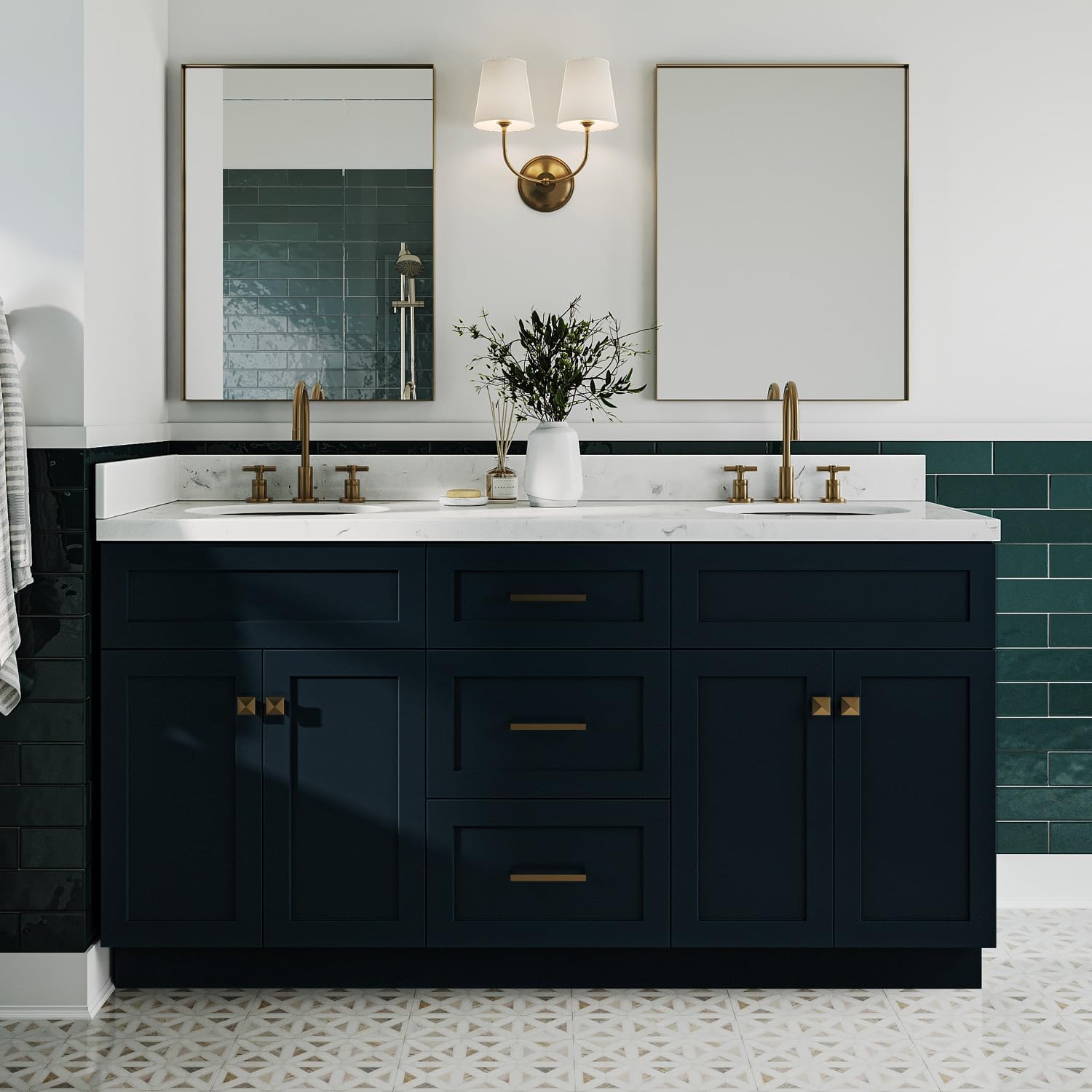 ARIEL Hamlet 66-inch Bathroom Vanity with Sink,Solid Wood, 1.5-inch Carrara White Quartz Countertop & Backsplash, Double Oval Porcelain Sink, 4 Soft Closing Doors, 3 Dovetail Drawers, Midnight Blue
