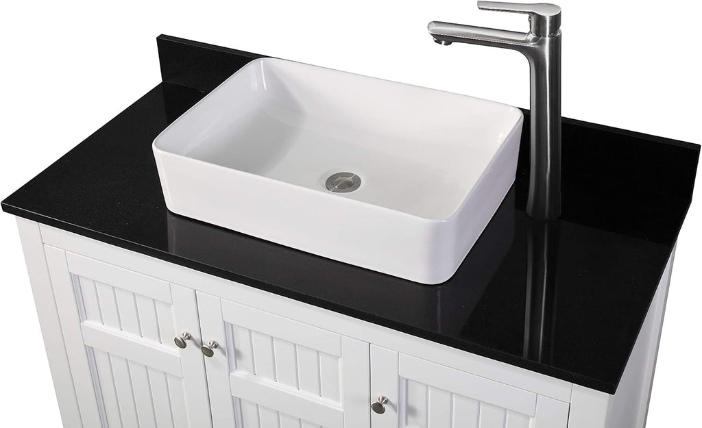 42' Triadsville White Vanity with Black Granite Top, Vessel Style Bathroom Sink, Soft-Closing Doors, Full Extension Drawer, Brushed Nickel Hardware
