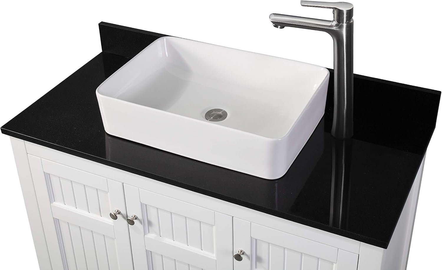 42' Triadsville White Vanity with Black Granite Top, Vessel Style Bathroom Sink, Soft-Closing Doors, Full Extension Drawer, Brushed Nickel Hardware