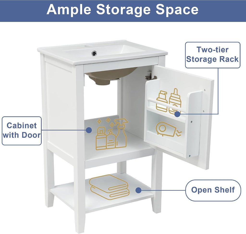 20' Bathroom Vanity Cabinet with Ceramic Sink Top Set, Freestanding, Two-Tier Storage Rack, Soft Closing Door, White