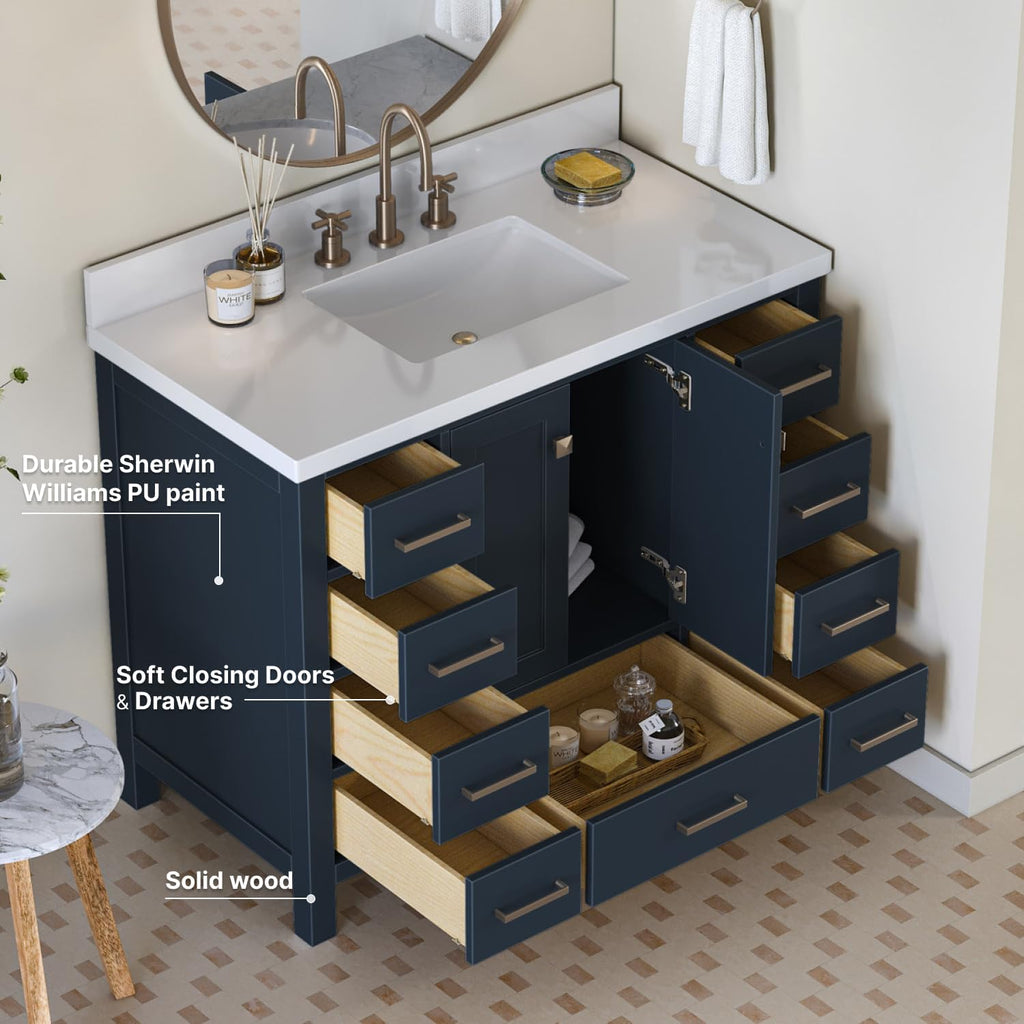 ARIEL Cambridge 42-inch Bathroom Vanity with Sink,Solid Wood, 1.5-inch Pure White Quartz Countertop, Single Rectangular Porcelain Sink, 2 Soft Closing Doors, 9 Dovetail Drawers, Midnight Blue