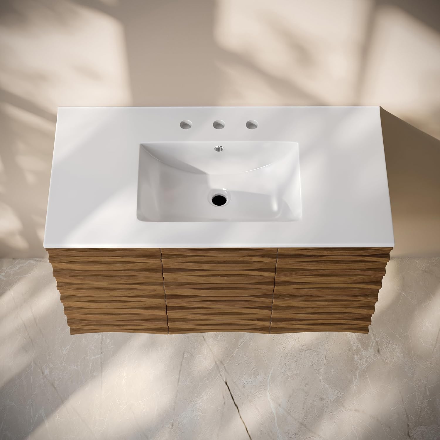 Swiss Madison Cascade 36' Wall-Mounted Bathroom Vanity in Brown Oak with 3-Hole Widespread Sink Top