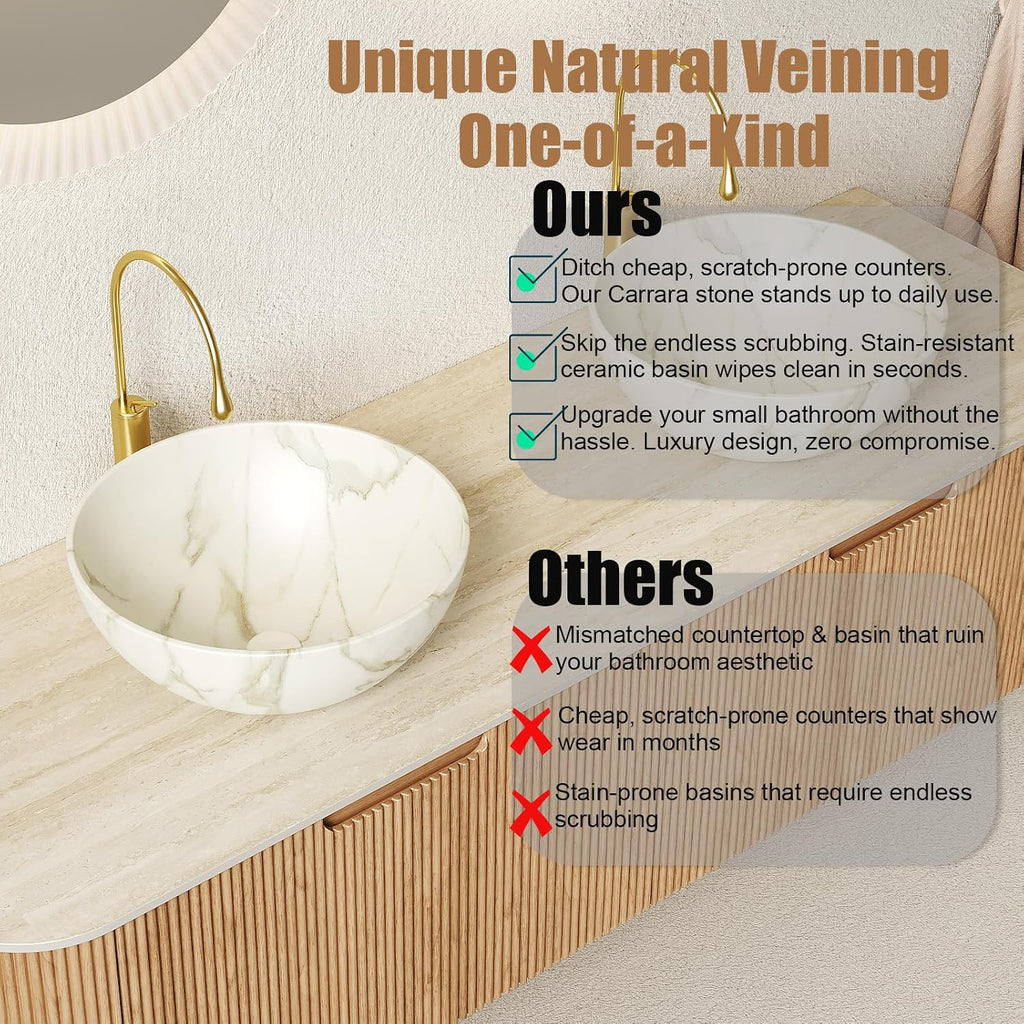 Eleshine 60' Wall Mounted Floating Bathroom Vanity with Double Sinks, 2 Drawers, Curved Edges, Matte White Ceramic Bowl Basins, Carrara White Sintered Stone Top, Pre-Assembled, Natural Woodgrain
