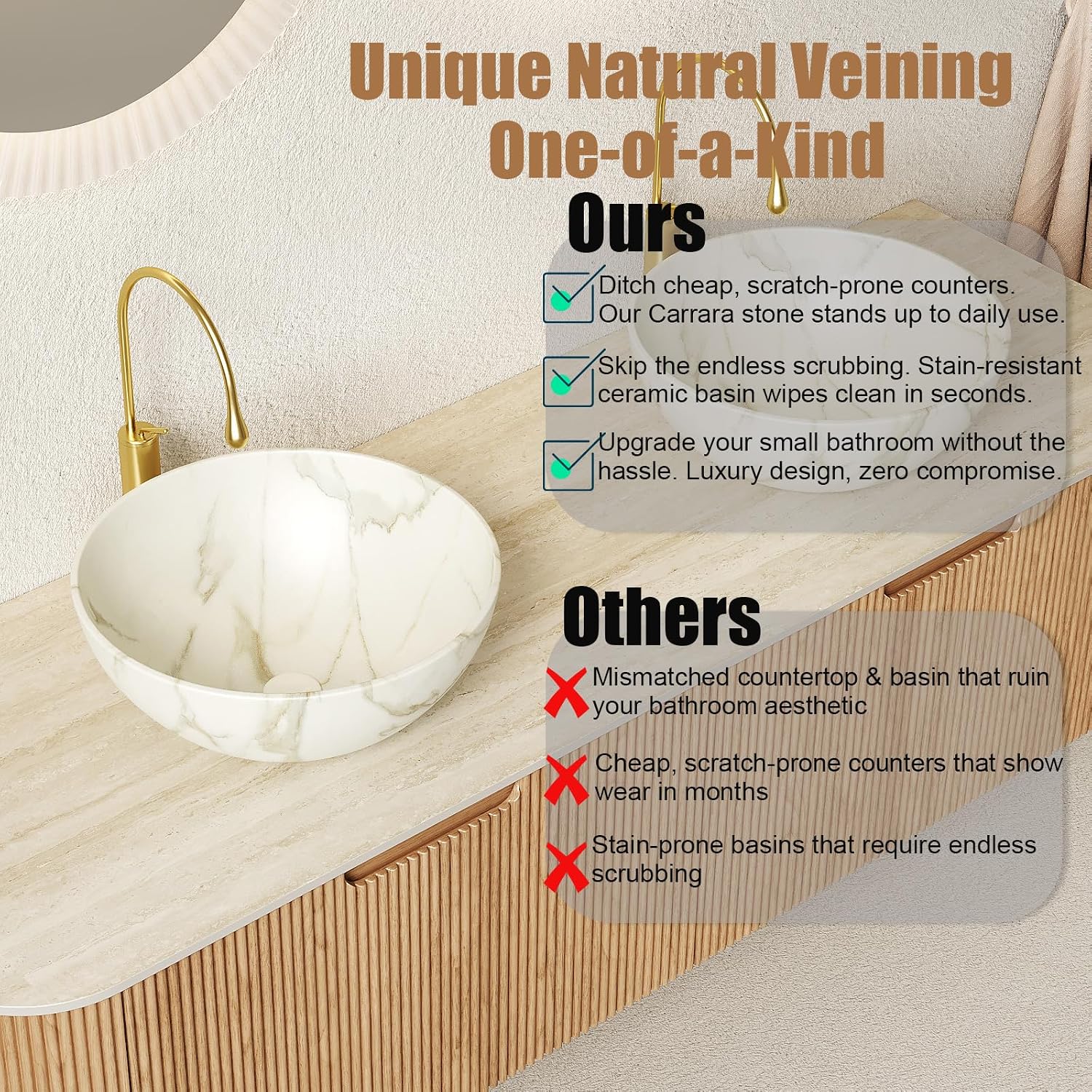 Eleshine 60' Wall Mounted Floating Bathroom Vanity with Double Sinks, 2 Drawers, Curved Edges, Matte White Ceramic Bowl Basins, Carrara White Sintered Stone Top, Pre-Assembled, Natural Woodgrain