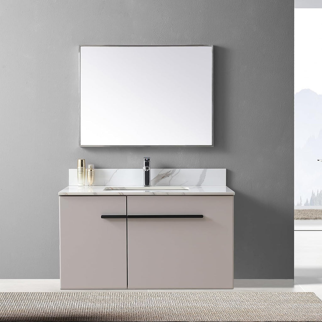 37 x 22 Inch Bathroom Vanity Top, Sintered Stone Top with Ceramic Sink, Single Hole Vanity Top With Undermount Rectangular Sink and 1 Backsplash (Carrara Gold, 1 Hole)