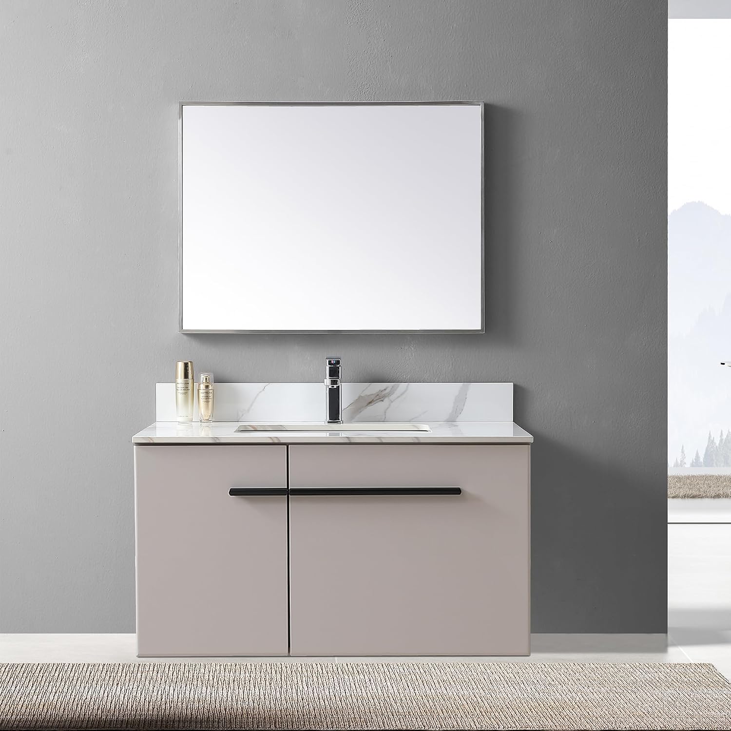 37 x 22 Inch Bathroom Vanity Top, Sintered Stone Top with Ceramic Sink, Single Hole Vanity Top With Undermount Rectangular Sink and 1 Backsplash (Carrara Gold, 1 Hole)