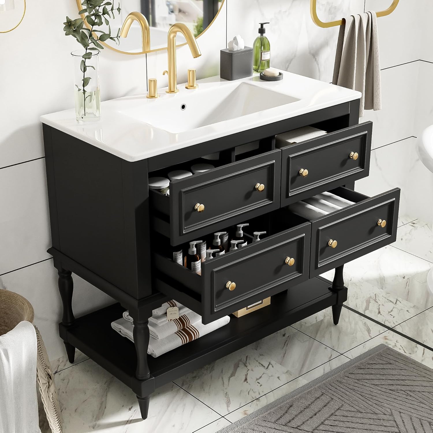 Merax Country 36' Bathroom Vanity with Sink, Farmhouse Bathroom Vanity Storage Cabinet with 4 Drawers and Open Shelf, Solid Wood Frame Bath Storage Vanity