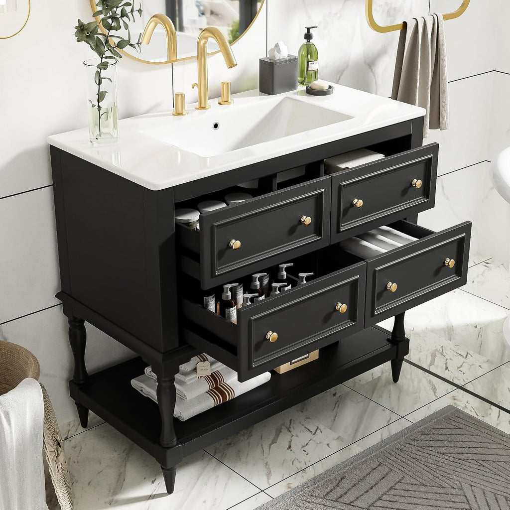 Virubi 36'' Bathroom Vanity with Single Sink, Freestanding Sink Cabinet with 4 Drawers and Open Shelf, Solid Wood Frame Bathroom Storage Cabinet