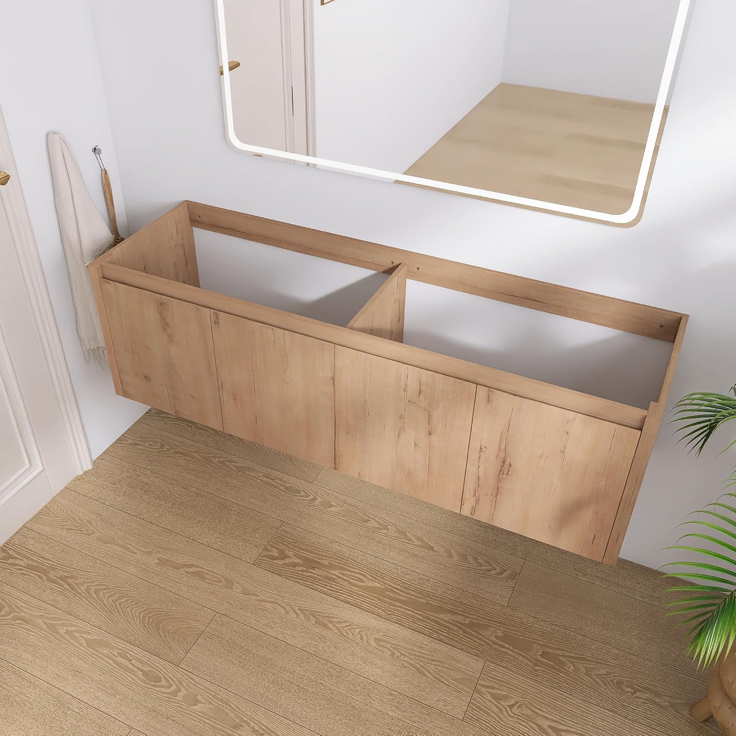 60' Floating Bathroom Vanity,60 Inch Bathroom Vanity Without Top Sink,Modern Floating Vanity Cabinet,Brown Wall Mounted Cabinet with Soft Closing Doors,Plywood(Sink Basin Not Included)