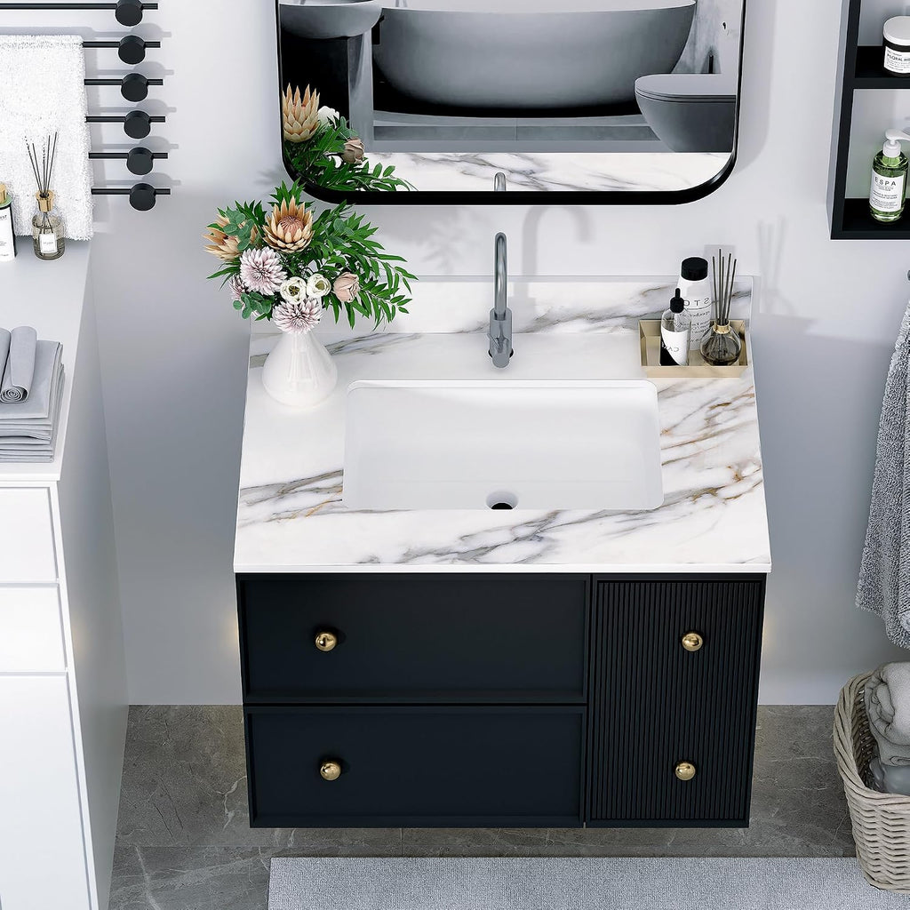 Runboll 31 Inch Marble Vanity Top with Undermount Rectangular Sink, 4' Backsplash, Pre-Drilled Faucet Single Hole, Vanity Top with Sink for Bathroom, Bathroom Remodels (Cabinet NOT Included)