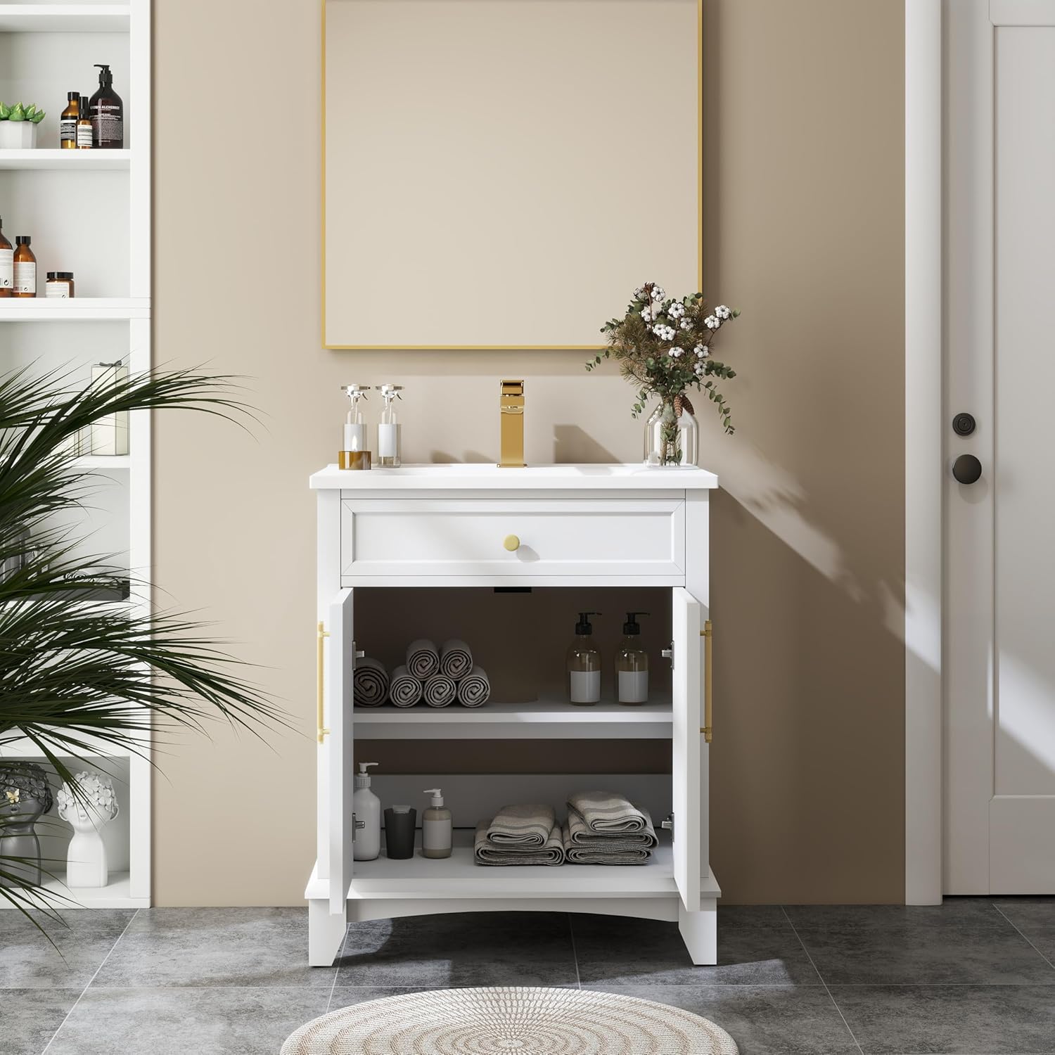 Henf White Bathroom Vanity with Sink 28inch Undermount Sink Bathroom Storage Cabinet w/2 Doors Cabinet,Ceramic Integrated Sink,Solid Wood Legs and Metal Handles, Freestanding Bath Storage Cabinet