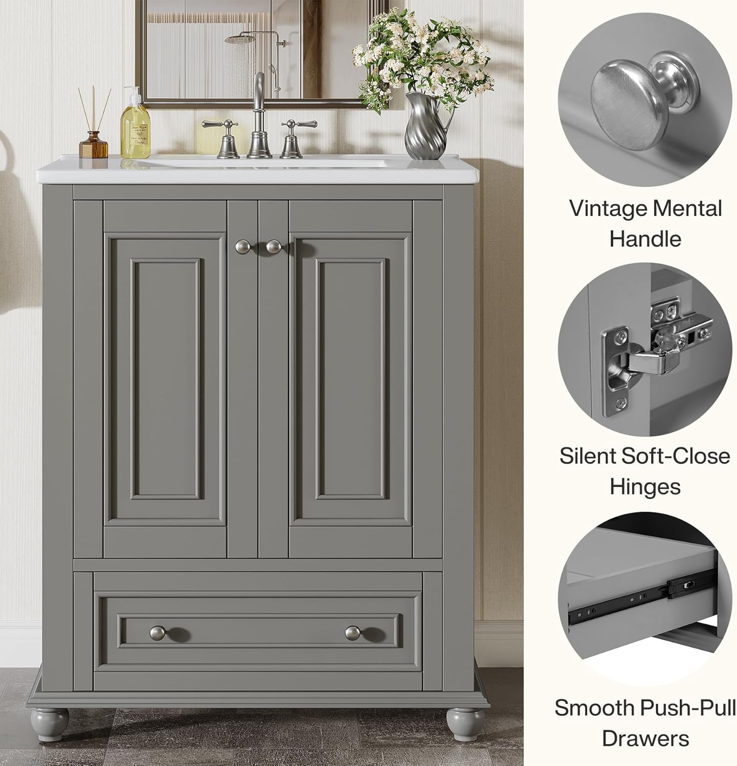 Tribesigns 24' Bathroom Vanity with Ceramic Sink Combo, Freestanding Bathroom vanities Storage Cabinet with 2 Doors & 1 Drawer, Solid Wooden Frame & Coated Surface, Metal Handle (Grey, 24 Inch)
