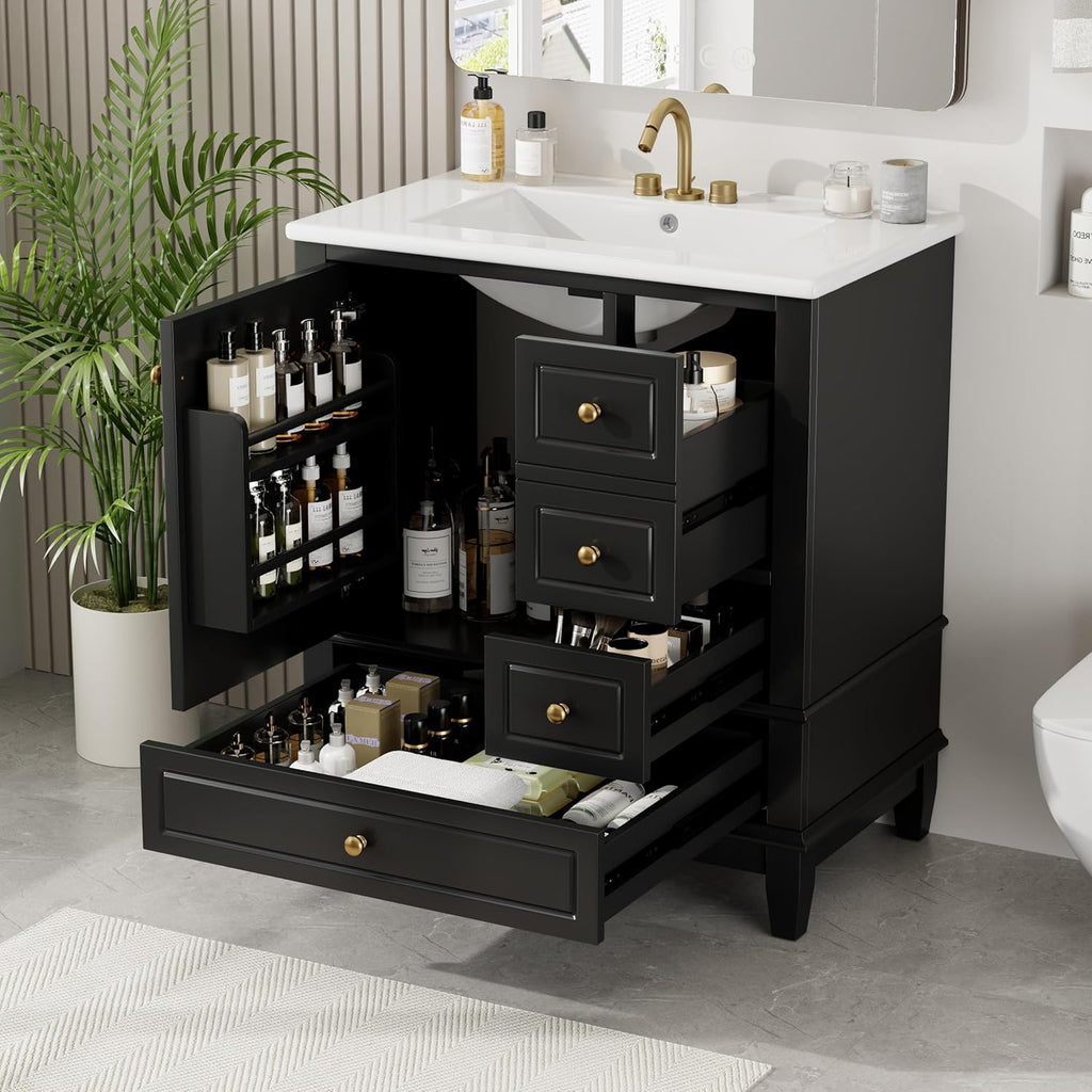 30' Modern Freestanding Bathroom Vanity with Ceramic Sink Top, 3 Drawers & Storage Shelves - MDF & Solid Wood Base