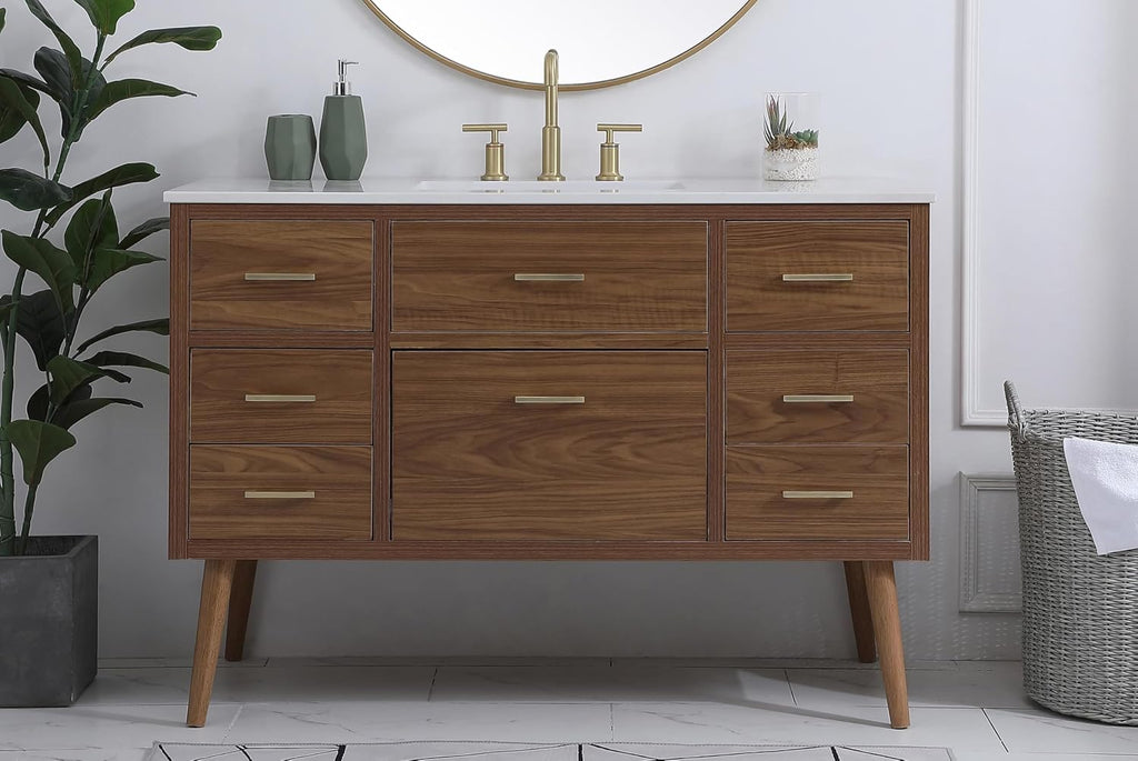 48' Pre-Assembled Bathroom Vanity with Sink, Engineered Wood, Ivory White Engineered Marble Countertop Attached, Single Rectangle Porcelain Sink, 7 Soft-Close Drawers, Walnut Brown