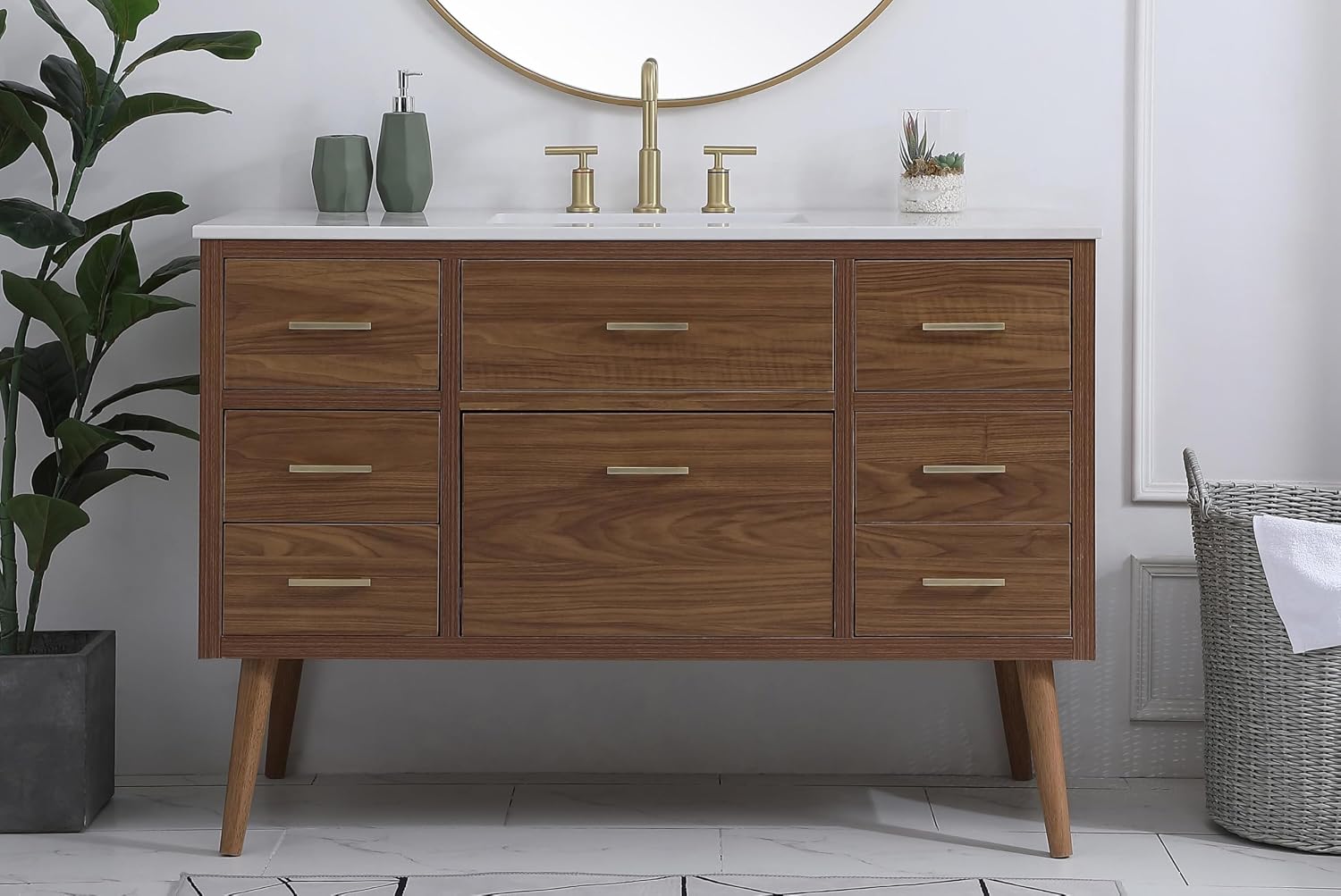48' Pre-Assembled Bathroom Vanity with Sink, Engineered Wood, Ivory White Engineered Marble Countertop Attached, Single Rectangle Porcelain Sink, 7 Soft-Close Drawers, Walnut Brown