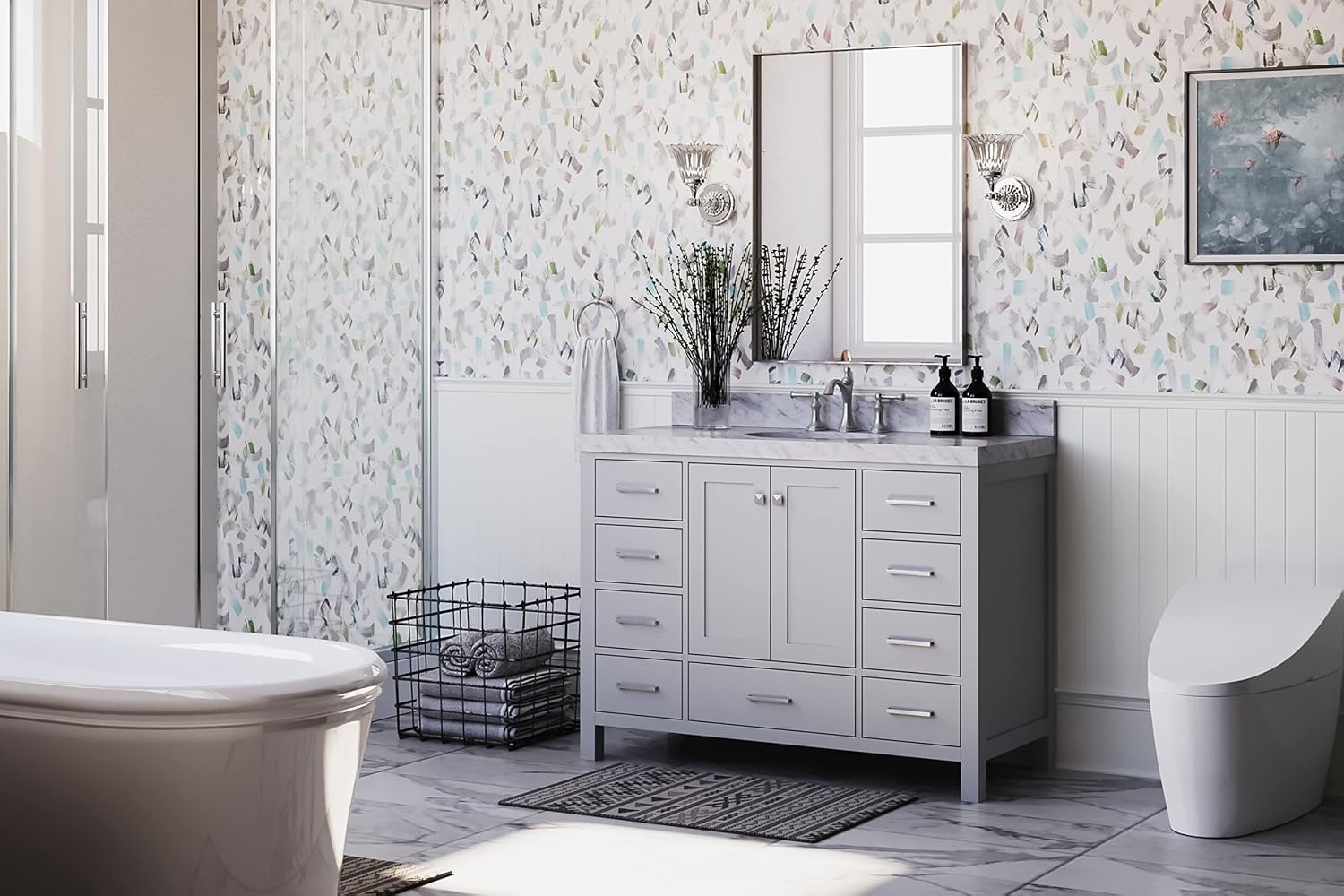 ARIEL Cambridge 48-inch Bathroom Vanity with Sink,Solid Wood, 2-inch Italian Carrara Marble Countertop & Backsplash, Single Oval Porcelain Sink, 2 Soft Closing Doors, 9 Dovetail Drawers, Grey