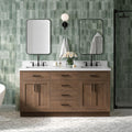 ARIEL Hepburn 66-inch Bathroom Vanity with Sink,Solid Wood, 1.5-inch Italian Carrara Marble Countertop, Double Rectangular Porcelain Sink, 4 Soft Closing Doors, 6 Dovetail Drawers, Brown Oak