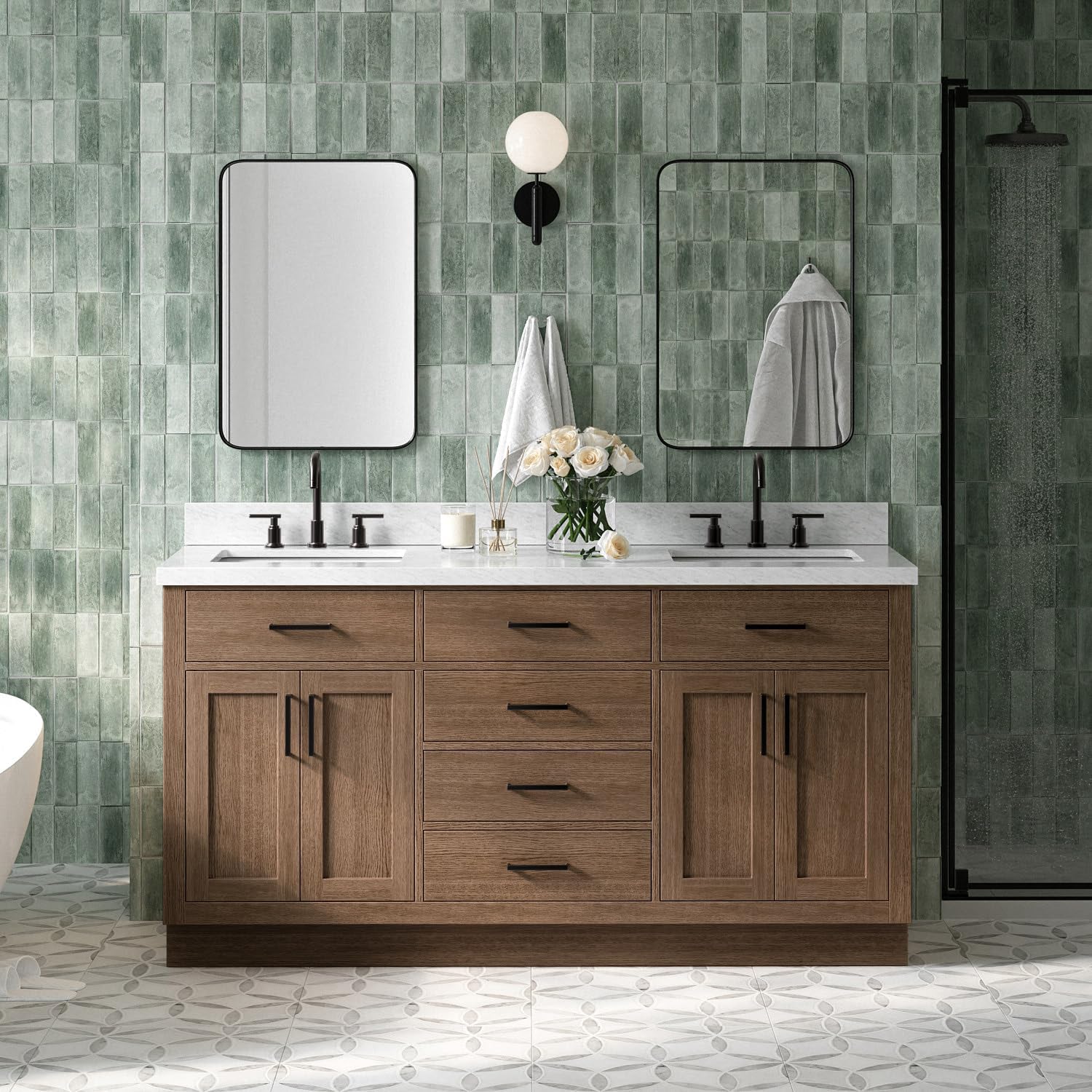 ARIEL Hepburn 66-inch Bathroom Vanity with Sink,Solid Wood, 1.5-inch Italian Carrara Marble Countertop, Double Rectangular Porcelain Sink, 4 Soft Closing Doors, 6 Dovetail Drawers, Brown Oak
