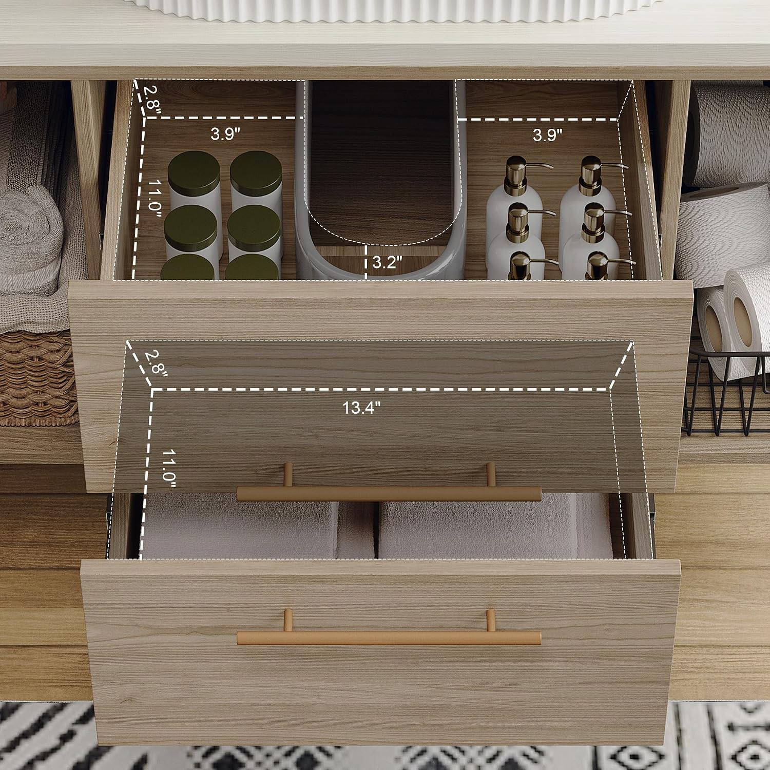 38.2' Floating Bathroom Vanities with Oval Ceramic Sink, Wall Mounted Bathroom Vanity Storage Cabinet with 2 Drawers and 2 Storage Spaces, Modern Bathroom Sink Cabinet with Gold Metal Handles,Oak