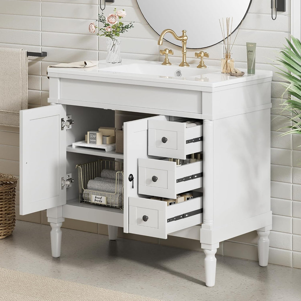 Favfurish 36' Bathroom Vanity with Ceramic Sink,Freestanding Bath Cabinet w/Soft Closing Doors,Adjustable Shelves,Modern Storage Vanity Cabinet for Smaill and Medium Bathrooms,White