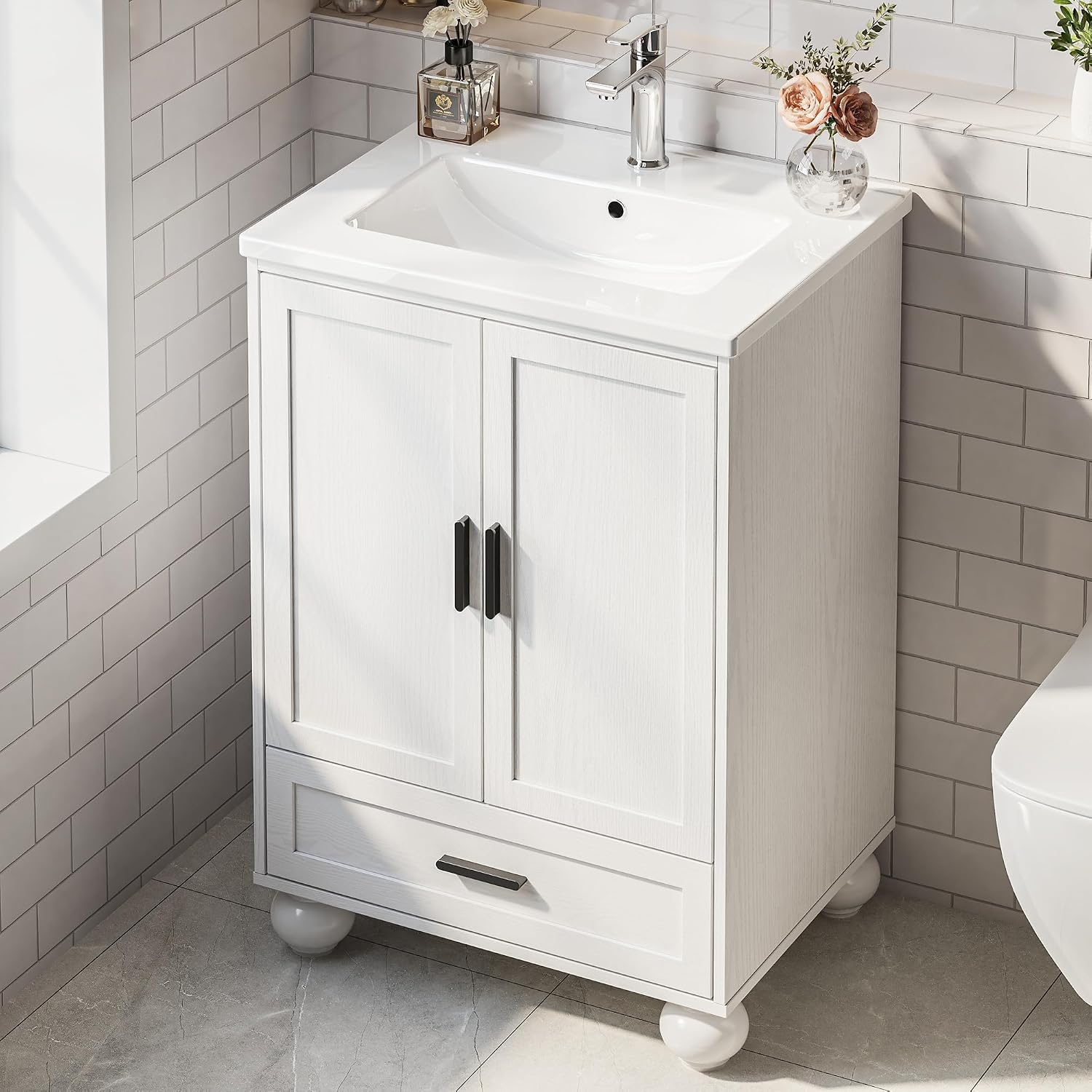LIKIMIO 24' Bathroom Vanity with Ceramic Sink, Small Bathroom Storage Cabinet, 2 Doors 1 Drawer, 4 Solid Wood Legs, Fits 15-40 sqft Bathroom, White Freestanding Vanity Cabinet for Apartments, Rentals