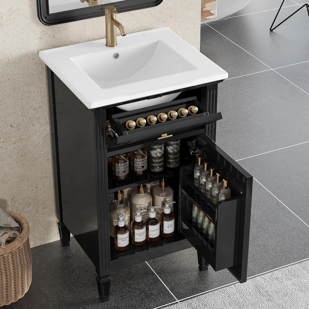 VilroCaz 20'' Bathroom Vanity with Sink, Freestanding Storage Cabinet with Tilt-Out Drawer, Adjustable Shelf and Solid Wood Legs for Small Bathroom (Black-4.10)